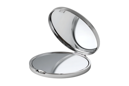 Compact mirror slightly open beauty accessory realism metal casing shine isolated on transparent background