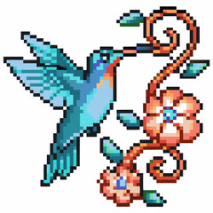 Blue pixel hummingbird drinking nectar from pink flowers, retro digital art with floral swirl and colorful nature scene