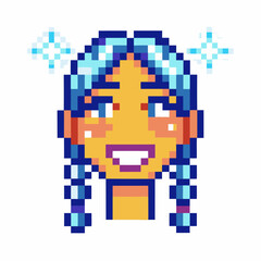 Obraz premium Smiling girl face with blue pigtails, pixel art expressive emotions, sparkling eyes, joyful retro gaming character