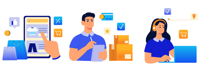 E-commerce business and Online shopping concept, using internet and online platforms for business task, marketing, shopping, searching, vector illustration	
