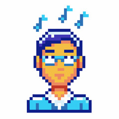 Obraz premium Pixel art thinking man character with glasses, blue hair, confusion, and question marks retro 8 bit emotion concept