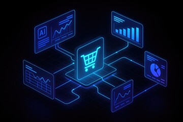 Digital Shopping Analytics Interface With Neon Blue Graphs image