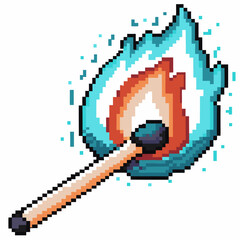 Obraz premium Pixel art matchstick igniting with vibrant blue flame, retro digital style, unique fire illustration, creativity and energy