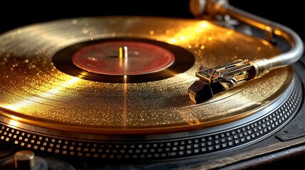 Golden vinyl record player close-up (1)