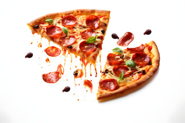 Template with delicious tasty slice of pepperoni pizza flying on white background. Generative AI
