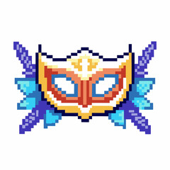 Retro pixel art mask with gold and blue design, fantasy carnival or masquerade costume emblem, sword and feather accents