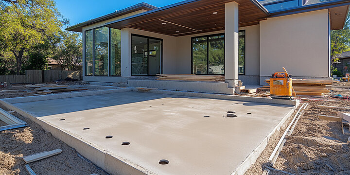 New concrete patio installation in residential backyard space Generative AI
