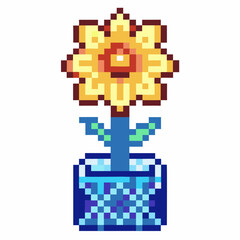 Pixel art sunflower in a decorative blue pot retro vintage floral design for games and digital media decoration