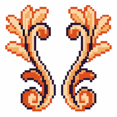 Fototapeta premium Pixel art ornate floral scrolls symmetrical vintage decorative element, flourish motif, retro baroque embellishment