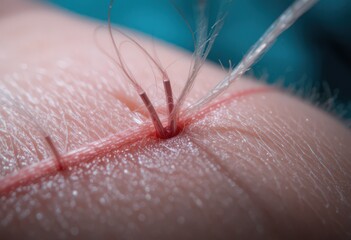 Close-up view of hair transplant procedure on human skin with surgical precision.