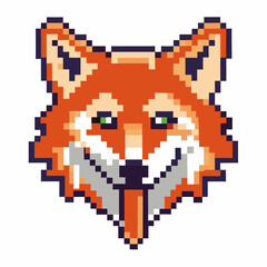 Fototapeta premium Retro pixel art fox face, orange animal icon with green eyes and expression 8 bit digital wildlife illustration isolated
