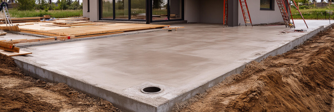 New concrete patio construction completed in residential area Generative AI