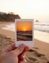 Captivating sunset hand holding photo serene beach landscape tranquil environment peaceful viewpoint for relaxation