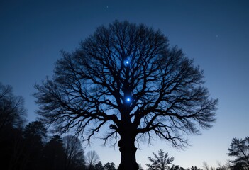 Majestic leafless tree with glowing orbs at twilight in forest landscape.
