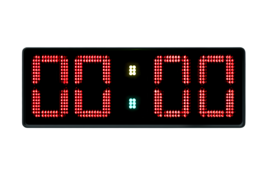 Digital clock LED display showing 00:00 sleep tech realism isolated on transparent background 