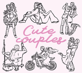 Cute wedding couples - whismical style hand drawn set of vector illustrations