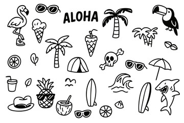 Tropical summer doodle icon set in black and white line art style
