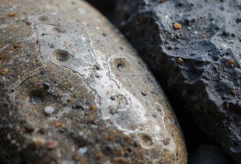 Close-up of textured wet stones with natural indentations and sand particles.