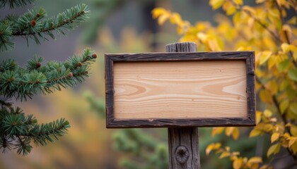Fototapeta premium Wooden signboard surrounded by fall foliage nature setting outdoor scene tranquil environment close-up view