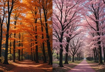 Autumn and spring tree-lined paths in warm golden and pink foliage contrast side by side.