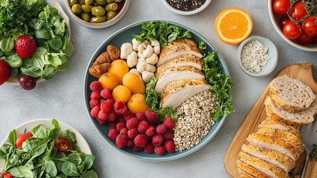 A vibrant, healthy meal featuring grilled chicken, fresh berries, leafy greens, nuts, seeds, and whole grain bread, surrounded by fresh fruits and vegetables.
