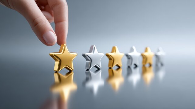 project management execution assessment. A hand adjusts a gold star among silver and white stars on a reflective surface.