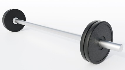 A 3d rendering of a dumbbell with several weight plates, black circular weight plates. The plates made of a textured material cast iron or rubber-coated.