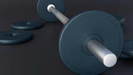 A 3d rendering of a dumbbell with several weight plates, black circular weight plates. The plates made of a textured material cast iron or rubber-coated.