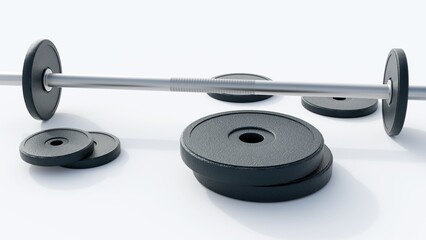 A 3d rendering of a dumbbell with several weight plates, black circular weight plates. The plates made of a textured material cast iron or rubber-coated.