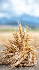 Golden wheat ears on wooden surface