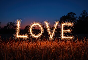 Sparkler word "LOVE" glowing in twilight over grassy field at sunset.