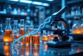 Microscope with DNA strand and lab glassware in glowing laboratory scene.