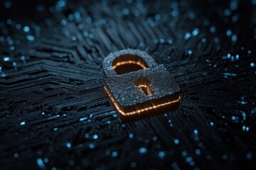 Padlock on a circuit board representing data security and cybersecurity.