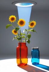 Sunflowers in colorful glass jars under spotlight on gray background.
