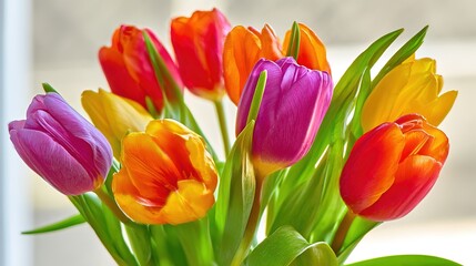 Obraz premium Vibrant tulips with green foliage, soft daylight, copy space. Fresh spring floral beauty in natural harmony. ﻿