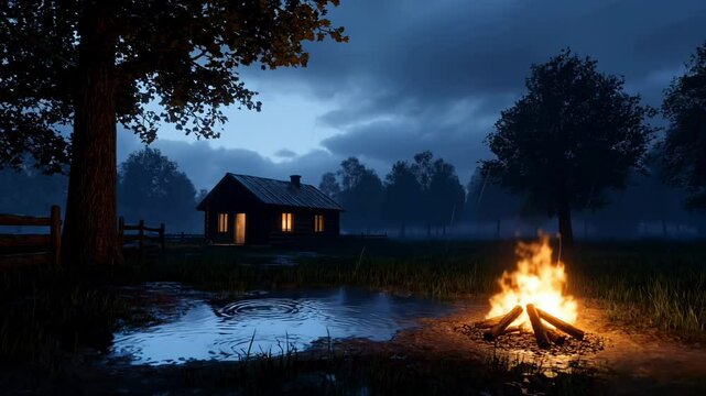 A nighttime scene of light rain fall at a small wooden house standing alone in a quiet rural area, surrounded by dense trees. The atmosphere is peaceful and immersive.