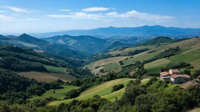 A beautiful mountain landscape with a small village in the distance. The sky is clear and the sun is shining brightly