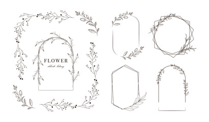 Hand drawn and doodle whimsical frames. Borders. Minimal element. Floral and botanical. Wedding rustic.Branches. Herbs. Templates. Retro vintage corners. Line art style. Boho branch. Round twigs. Logo