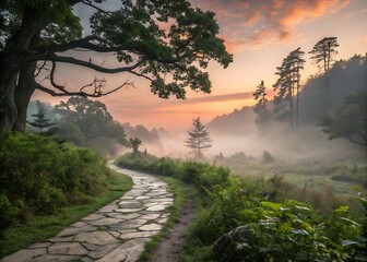 sunset in the mountains,nature, tree, landscape, sky, water, lake, river, clouds, forest, road, grass, fog, spring, mountain, trees, sunset,