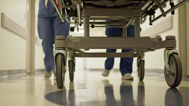 infirmiers courant &agrave; travers un couloir d'h&ocirc;pital en poussant un brancard
