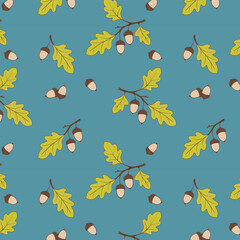 Autumn pattern with oak acorns, acorns on blue pastel background. Seasonal ornament. Endless texture can be used for web design, printing onto fabric and paper or scrapbooking.