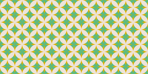Trendy groovy geometric seamless pattern with round silhouettes, curved lines, triangles, circles, lattice, grid. Abstract minimal flat vintage background. Repeated texture in psychedelic style.Vector