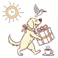 A Amused Golden Retriever with carrying a gift box in a Morning sunshine theme – Sunny Mornings palette SVG illustration