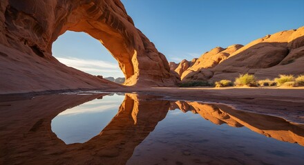 Fototapeta premium Sandstone arch, Desert arch, Natural arch, Reflection of a sandstone arch in a desert pool at sunrise