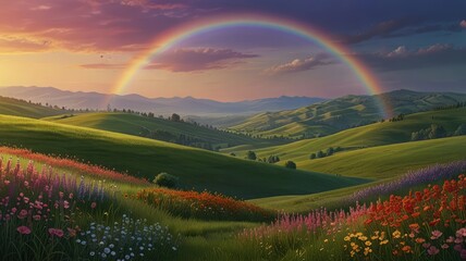 Fototapeta premium Centered Rainbow Over Rolling Green Hills and Blooming Flowers in Flat Pastel Style