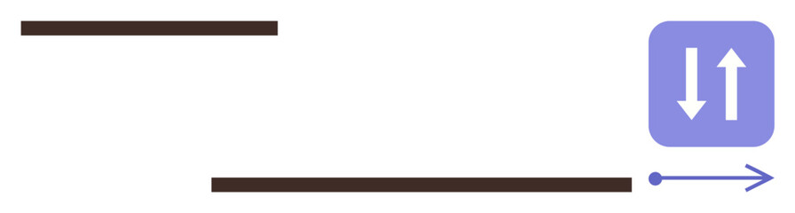 Two horizontal lines with a purple block containing up and down arrows plus a right-pointing arrow indicate process flow. Ideal for process management, workflow, exchange, data transfer