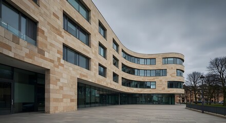 Obraz premium Modern architecture, Building, Architecture, Modern Beige Stone Building with Curved Facade and Large Windows