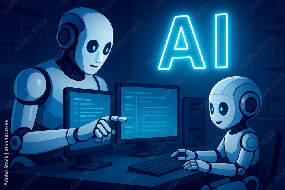 Poster futuristic robots learning coding in a blue lit laboratory artificial intelligence