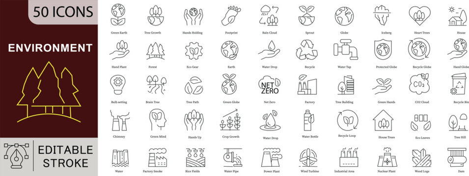Environment Ecology Icon Set - 50 Editable Green Nature Icons for Sustainability, Climate Change and Environmental Protection Vector Collection. Editable Stroke linear icons - Powered by Adobe