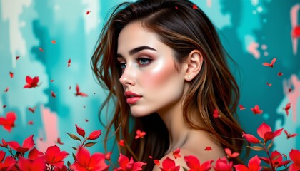 the image is a portrait of a young woman with long dark hair against a colorful background. she has a striking gaze and is adorned with makeup that highlights her features